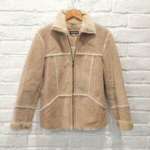 XOXO Penny Lane Jacket  M 6 Beige Genuine Leather Suede Jacket Faux Fur Trim